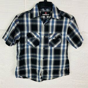 Airwalk Kids Black and Blue Plaid Button Down pocket short sleeve Shirt SZ 10